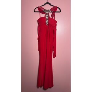 Jovani Evening Gown Womens 2 Red Embellished Halter Open Back Maxi Dress